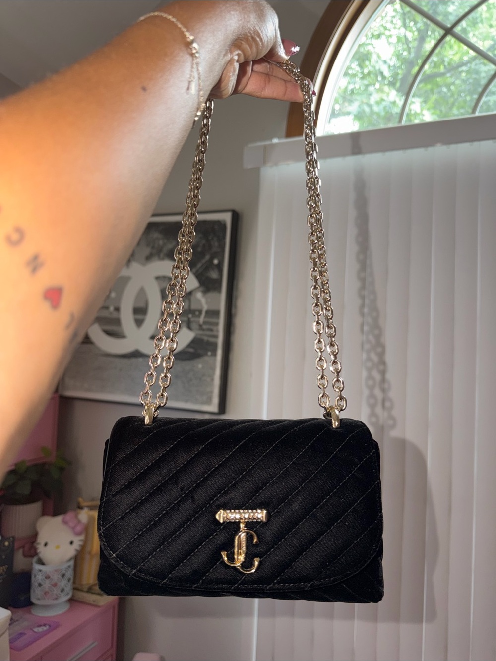 AUTHENTIC Jimmy Choo Black Quilted Velvet Crossbody with Gold Chain - Picture 2 of 10